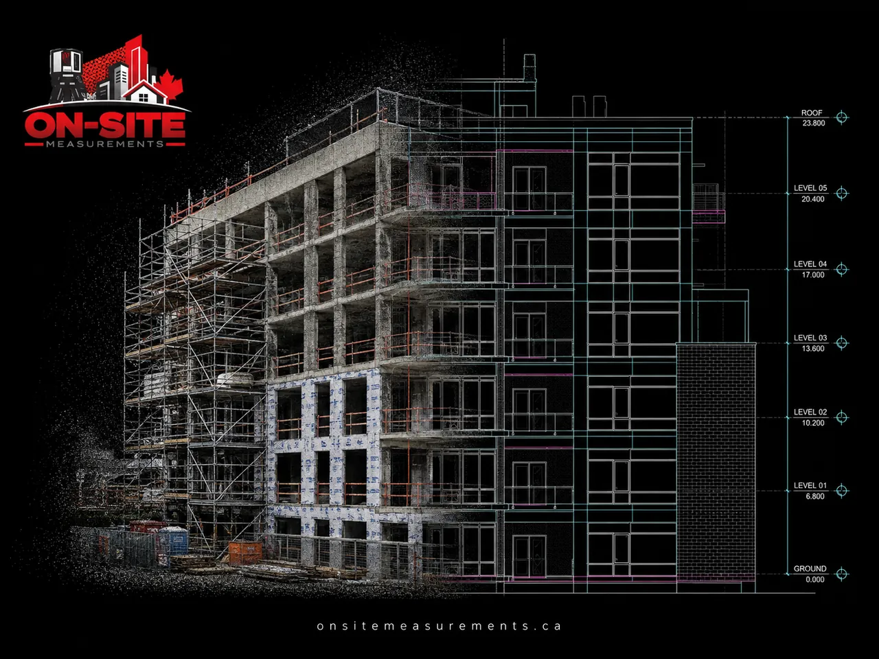 Point cloud elevation of a Toronto residential building under construction with CAD overlay