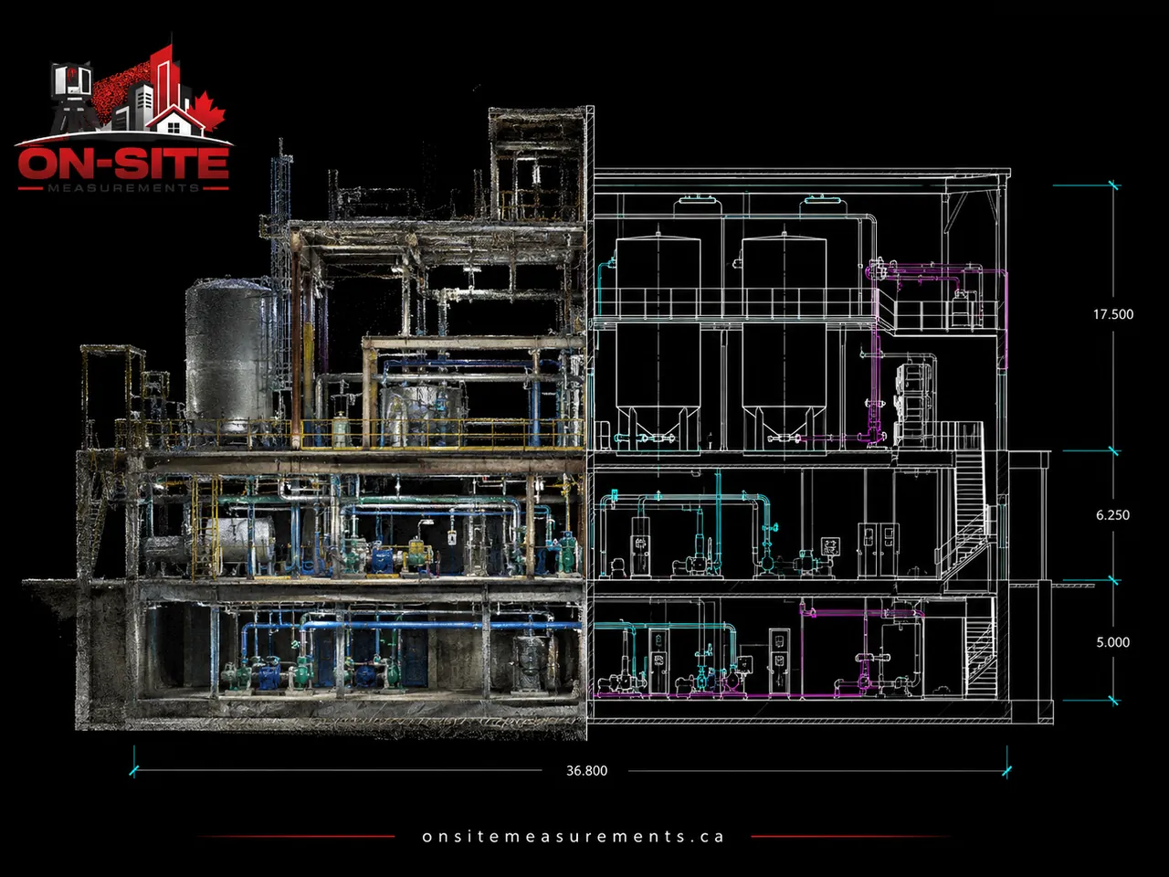 Scan-to-CAD section of the food processing plant showing existing piping, steel, and tanks, Calgary