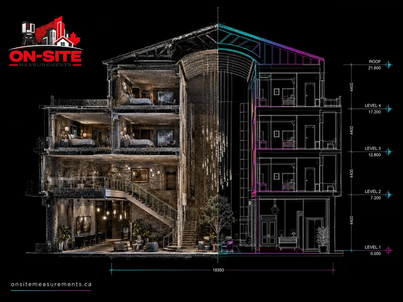 Point cloud section of a Vancouver heritage building interior, from lobby to upper floors