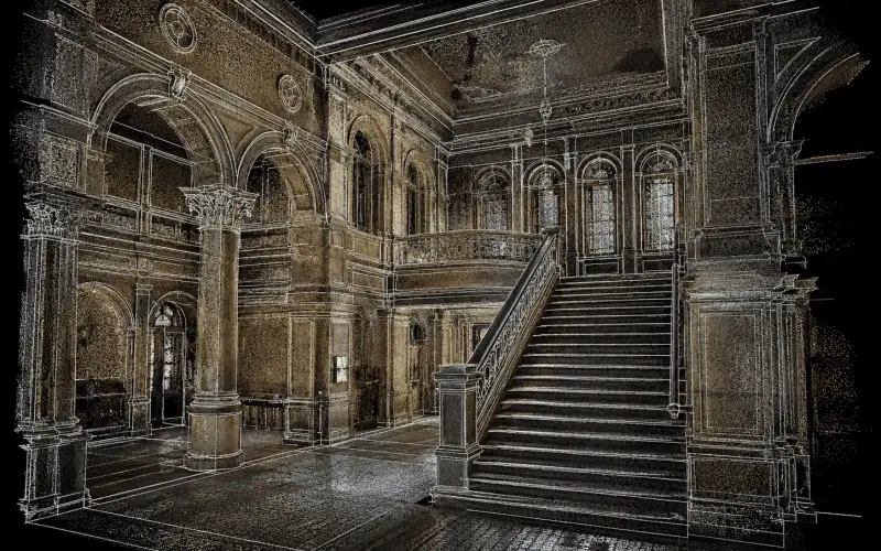 Point cloud scan of a Toronto heritage building interior with grand staircase