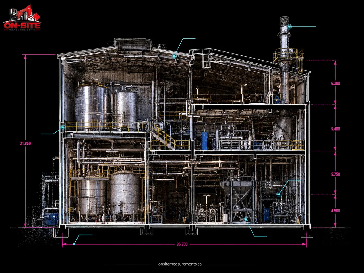 Point cloud and scan-to-CAD section of a Calgary industrial process facility showing tanks and piping