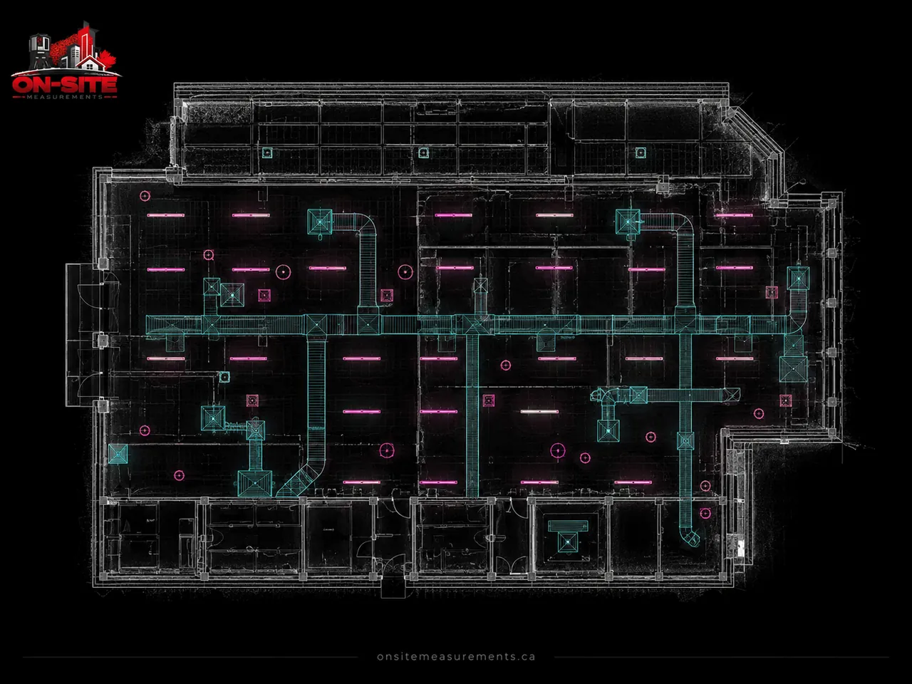 Reflected ceiling plan mapping light fixtures from the office scan, downtown Toronto