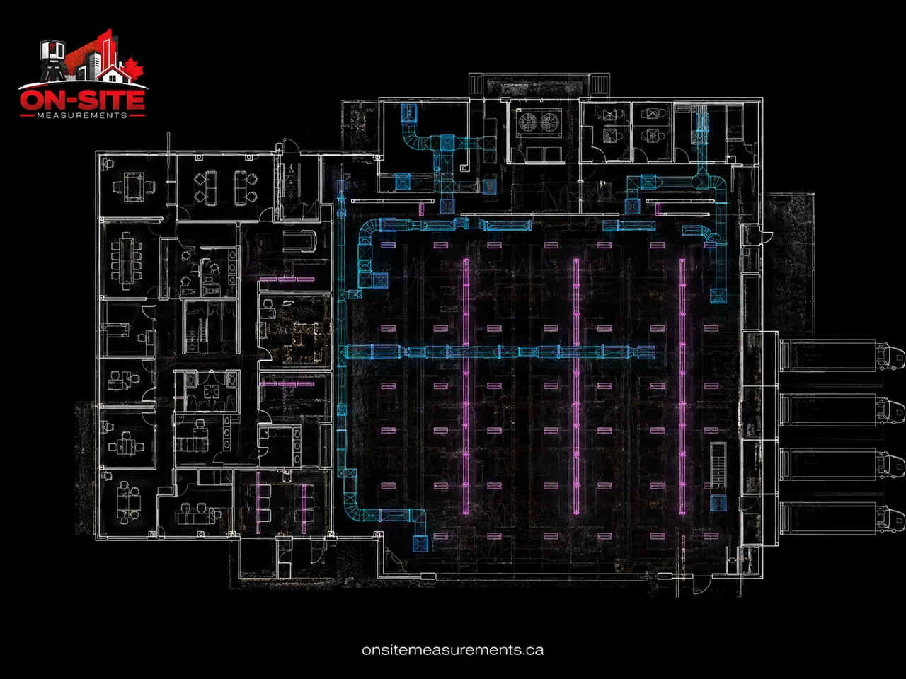 As-built floor plan of a GTA distribution warehouse with loading docks, from a laser scan